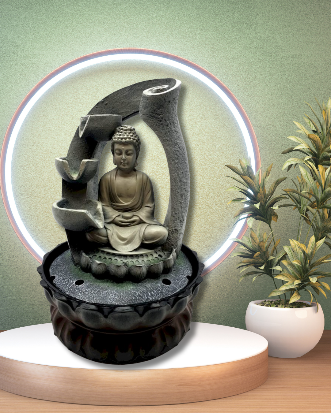 Fontaine Résine Bouddha Méditation & Arc Cascade